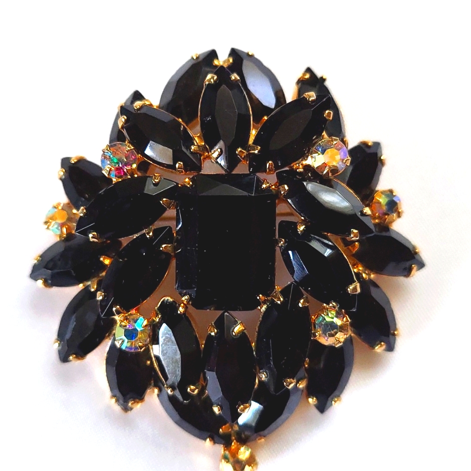 Juliana Brooch Domed Jet Black With Goldtone Setting And Ab Rhinestones